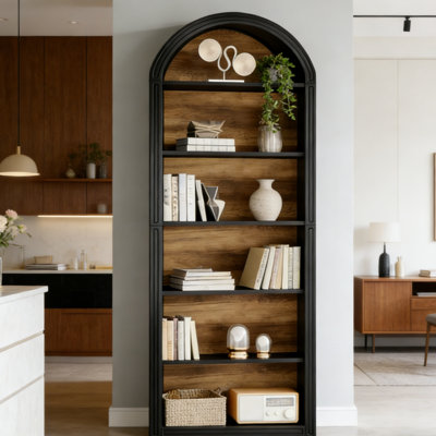6-Tier Arched Bookshelf with Dust-Proof Back Panel & Anti-Tip Kit, Living Room Storage Display Cabinet