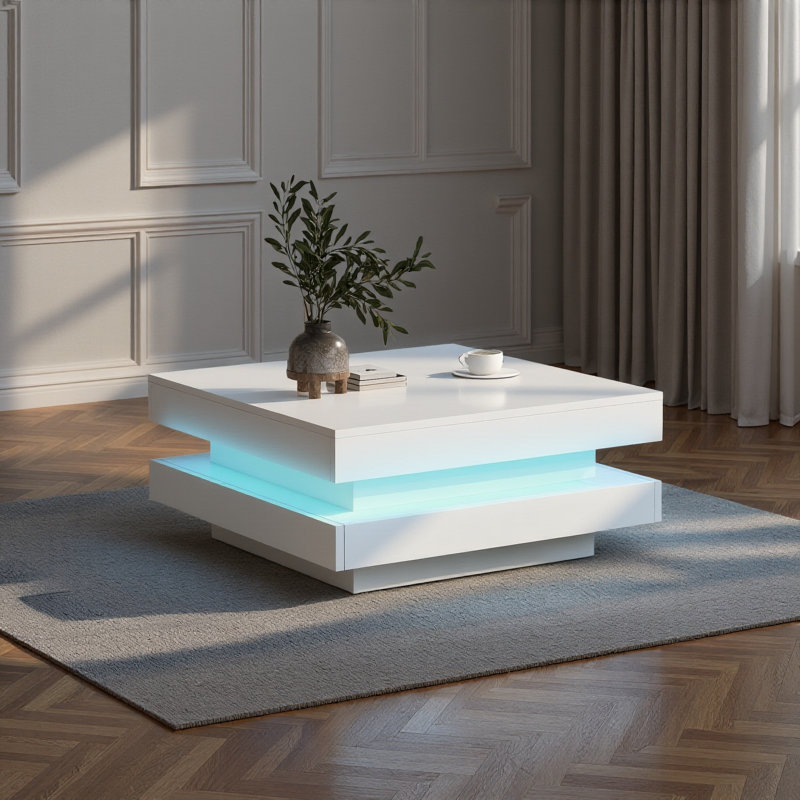 Table basse carrée à 2 niveaux avec lumières DEL - Table de centre minimaliste ultrabrillante pour le salon