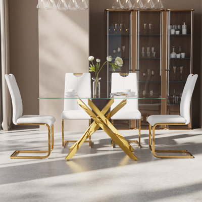 Ensemble de table de salle à manger 51 pouces en verre, ensemble de table de cuisine moderne avec chaise rembourrée en cuir polyuréthane à haut dossier pour la salle à manger de cuisine