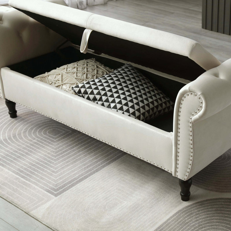 Banc de rangement en velours avec capitonnage à boutons et accoudoirs roulés, Beige
