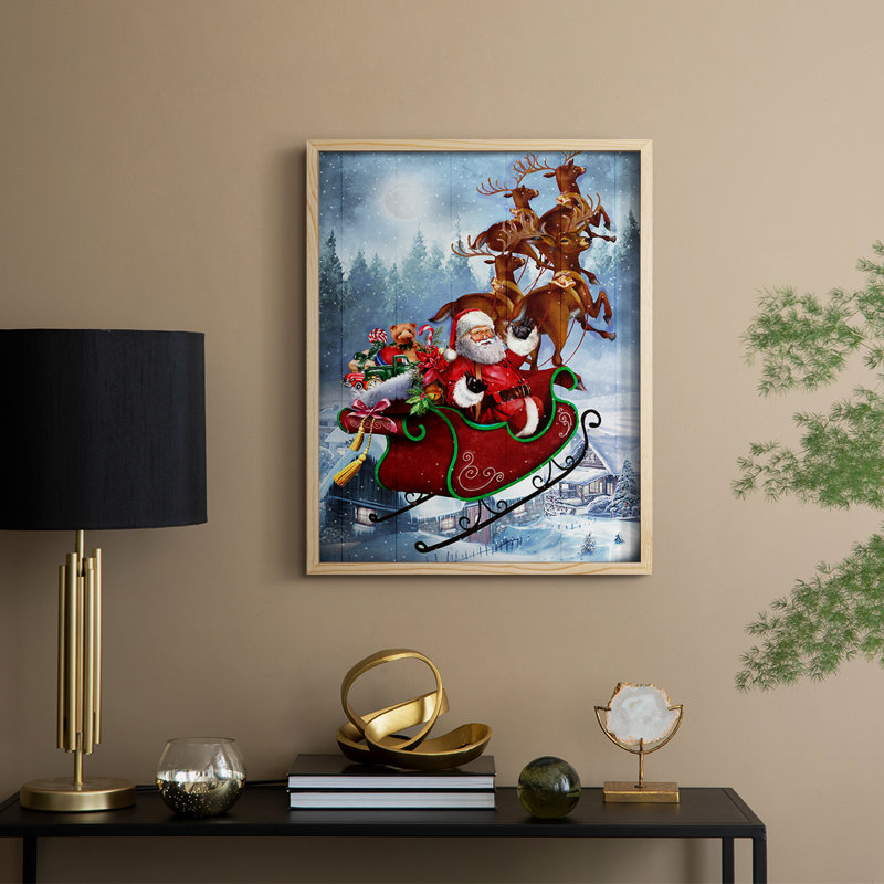 Reproduction encadrée du traîneau du Père Noël - bois massif, Naturel, H 30 po x l 24 po