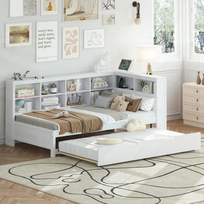 Lit de jour en bois avec lit gigogne simple, tablette de rangement et ports de chargement USB pour chambres à coucher modernes