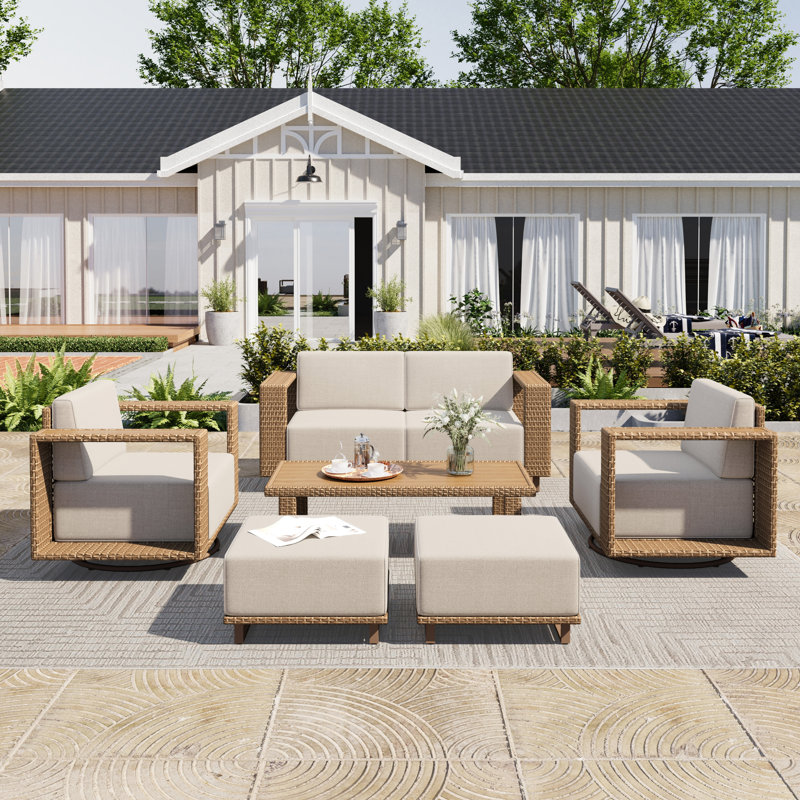 6 - Person Outdoor Wicker Patio Conversation Furniture Set With Table,Swivel Chairs And Ottomans