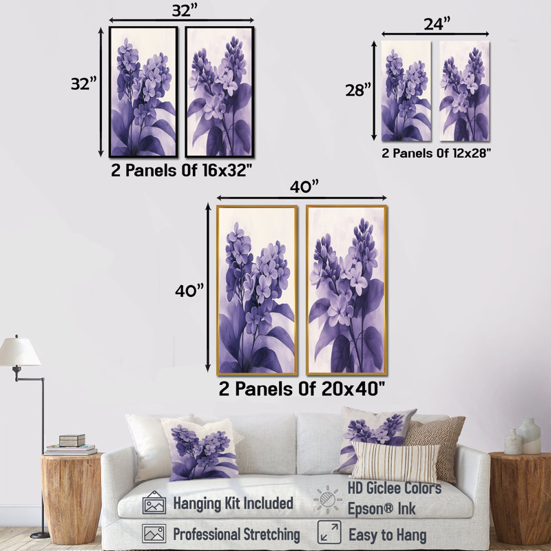 Lilas ombres en minimalisme monochrome III - art mural floral 2 panneaux, H 40 po x l 41 po, Crème, crème
