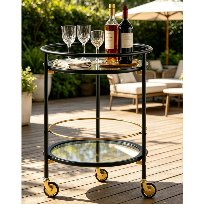 Chariot-bar rond avec tablettes en verre trempé et accents dorés, chariot de service moderne à roulettes