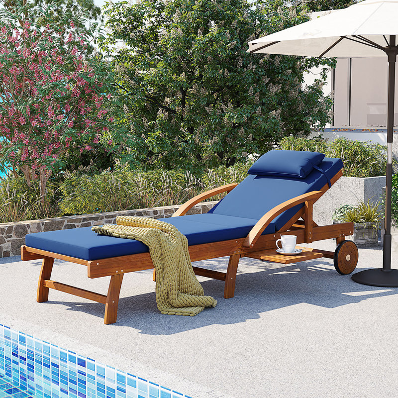 Méridienne d'extérieur réglable de 77,5 po U_Style - Structure en bois d'acacia avec coussins, Marine