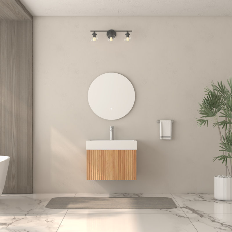 Meuble-lavabo flottant mural 24 po avec lavabo, finition, style minimaliste moderne pour salles de bain compactes, espace, contreplaqué, poignées biseautées lisses, installation rapide en bois, petit style, rebords