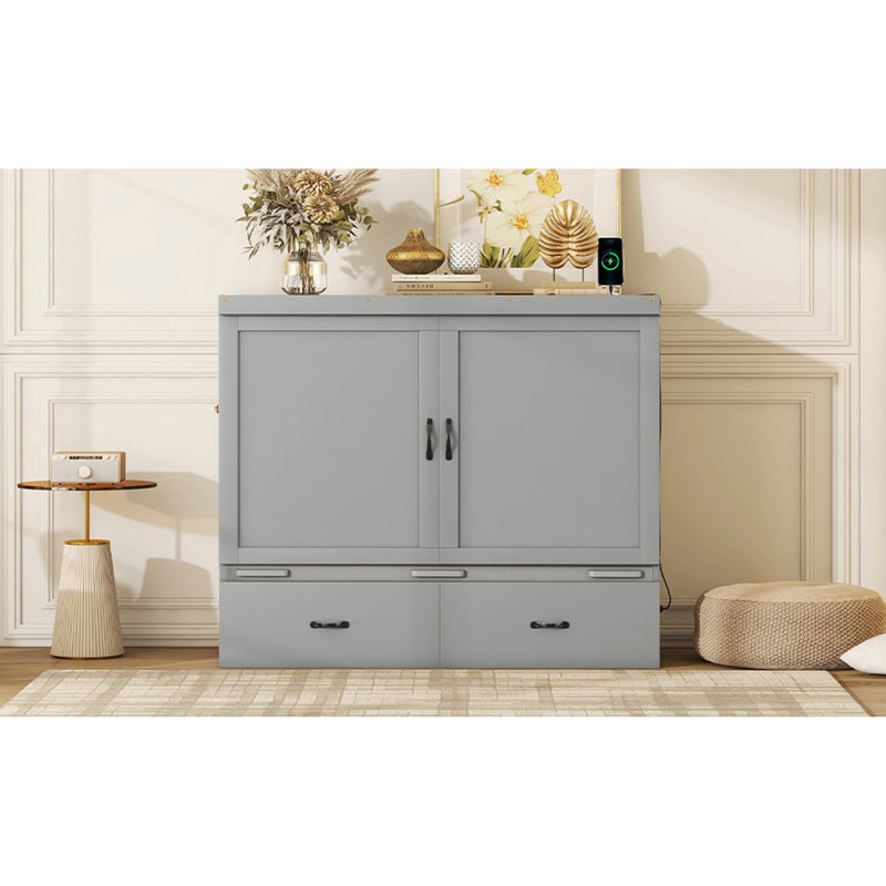 Lit escamotable double avec port USB et grand tiroir, gris