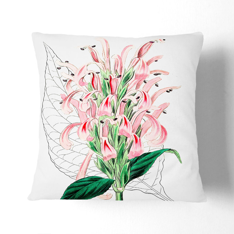 Pink Justicia Flowers Cushion with Filling, 40cm H x 40cm W x 15cm D, White