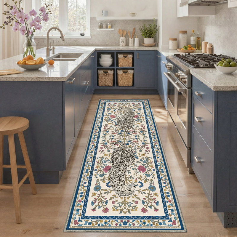 Exotic Leopard Floral Machine Washable Beige / Blue Indoor Area Rug with Non-Slip Backing, Runner 2' x 6'