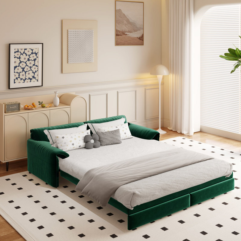 Queen Pull Out Sofa Bed,Convertible Sleeper Sofa with Side Storage, Multi-Functional Loveseat Bed, Green