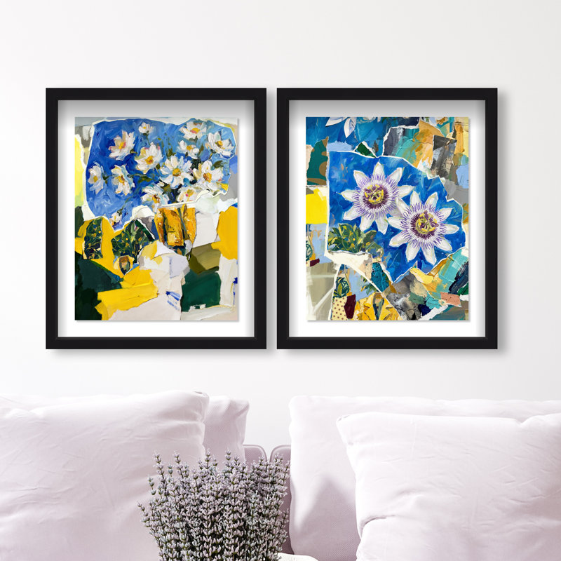 Blue Sunshine Set Shadowbox Floral & Botanical Print by Oliver Gal, Black Frame, 16 x 20, 17.5"H x 21.5"W, Black Shadowbox