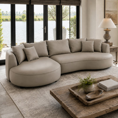 Lakera 128“ Modern Faux Leather Sectional Curved Sofa with Right Chaise, Upholstered Gray Bonded Leather Couch, Leather Sectional Sofas