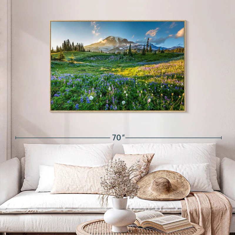 Le printemps au mont Rainier, Cadre flottant en bois naturel, 46 po x 31 po