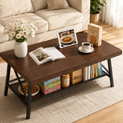 Table basse rectangulaire Saedo de style industriel de 120 cm avec tablette de rangement ouverte pour salon