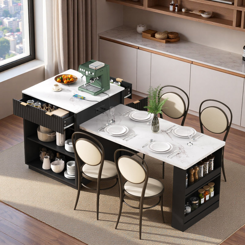 Fluted Kitchen Island With Extendable Dining Table, Power Outlet,  Double-side Storage, 2 Drawers And 2 Side Open Shelves