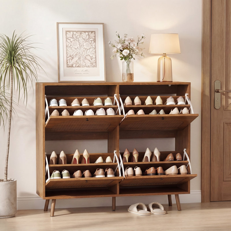 Shoe Storage Cabinet with 4 Flip Drawers, Fluted Panel Wooden Shoe Rack Organizer with Adjustable Shelves for Entryway, Hallway, Living Room, Walnut