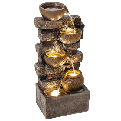 Outdoor Water Fountain, Stone Bowl Cascading Fountain With Adjustable Flow Led Lights For Patio Zen Garden Backyard