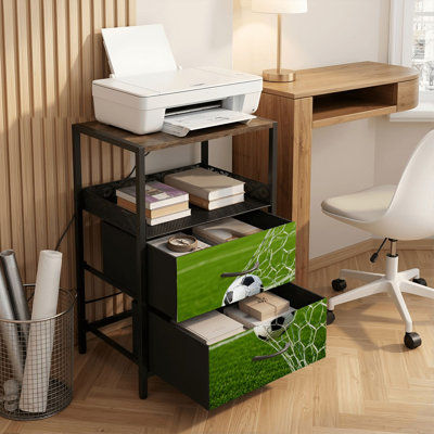 Nightstand with Charging Station, 2 Drawer Bedside Table with USB Ports and Outlets, Open Shelf, Black Night Stand for Bedroom Living Room Soccer Ball Scoring Goal Net Green Grass Field Print