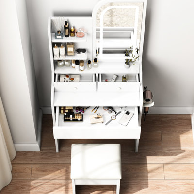 Fashionable Vanity Desk With Mirror & Lights - 3 Color Lighting Modifications Available, Drawers, White, , Large Mirror, Multiple Storage Possibilities Stylish And Quality Finish