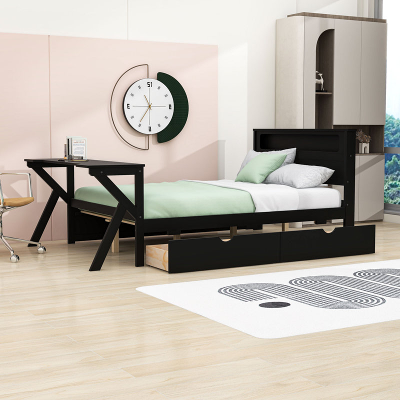 Two Drawers Wooden Platform Bed with Desk, LED Light and USB Ports, Full