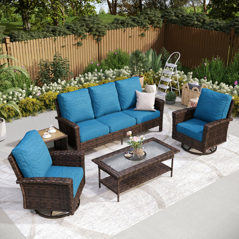 Outdoor Wicker Patio Conversation Furniture Set, Peacock Blue, No