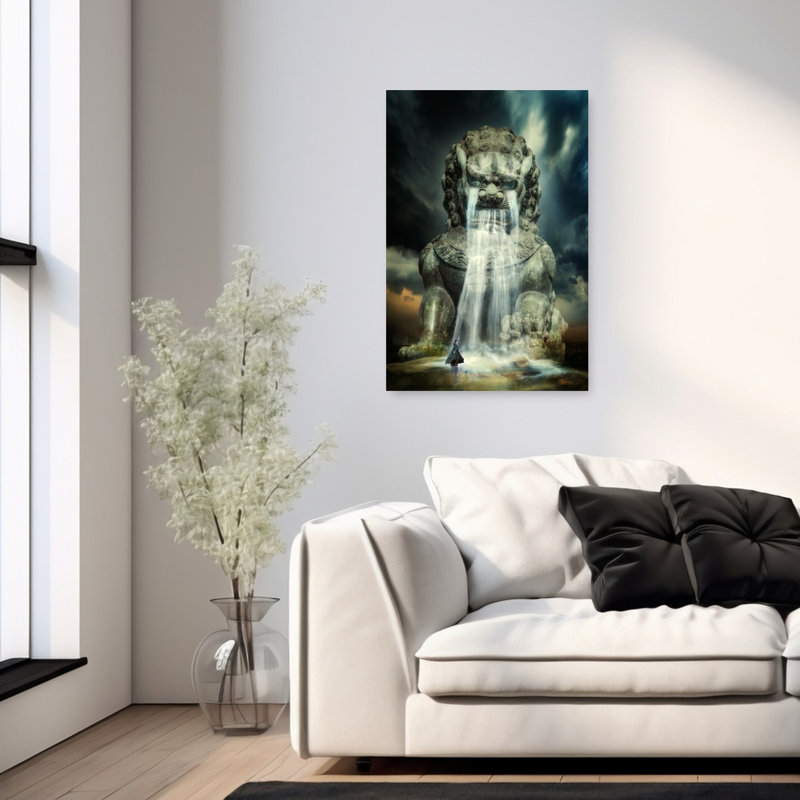 Mystical Guardian Waterfall Dramatic Mystical Serene Dog Lion Landscape Nature Wall Art Print 1 Piece Wrapped Canvas Wall Art