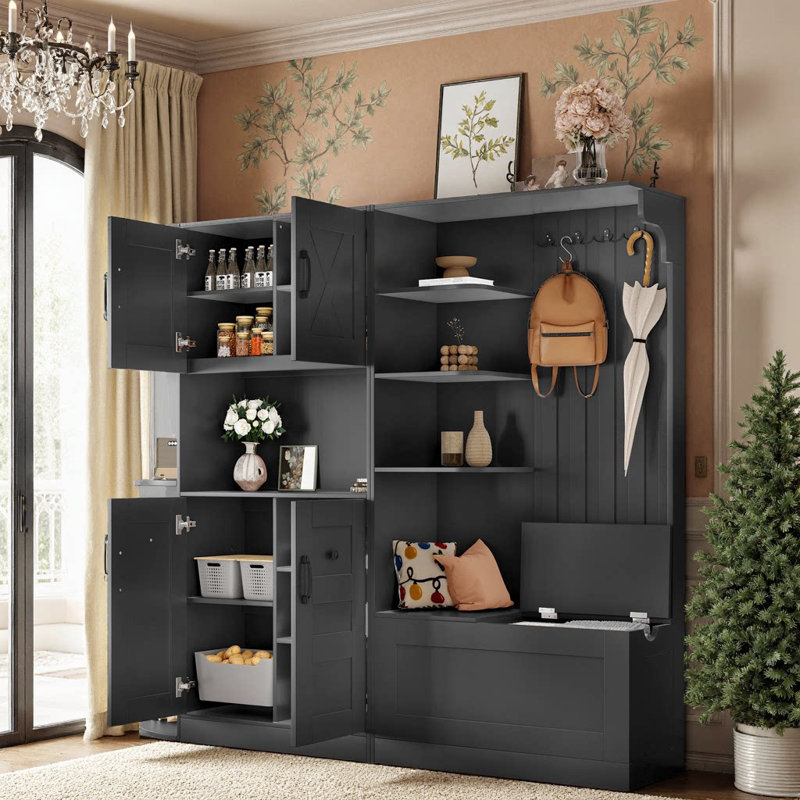 Armoire de vestibule multifonctionnelle 2-en-1 avec rangement et 4 crochets, Noir