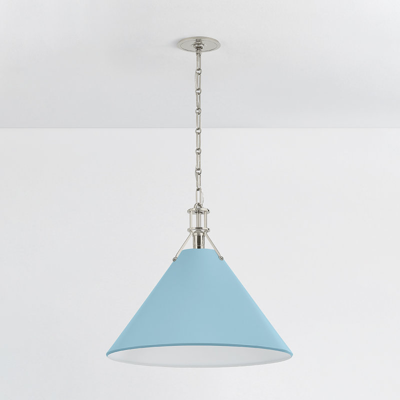 Painted No. 2 Pendant in Aged Brass and Blue Bird by Mark D. Sikes, 17.5" H x 21" W x 21" D, Blue Bird, Polished Nickel