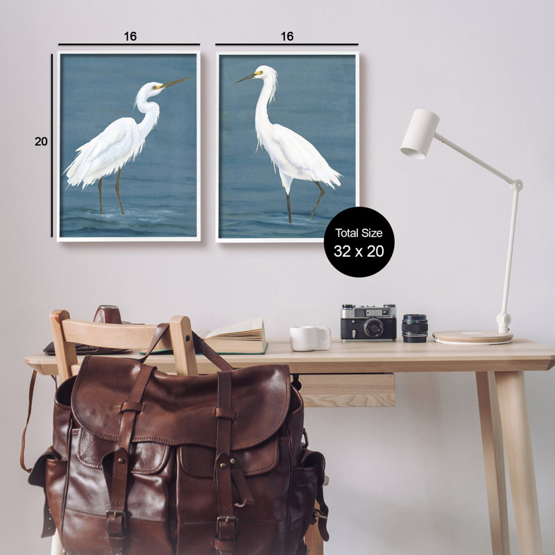 White Egrets on Shore Canvas Print with Wood Grain Frame