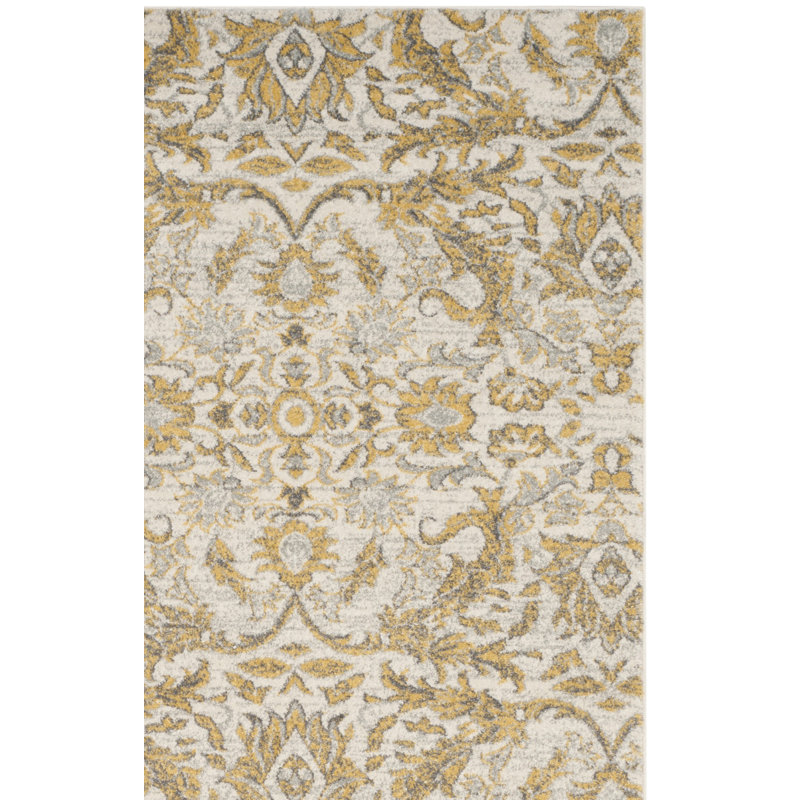 Tapis ivoire et doré damassé Adie, Tapis de couloir 2 pi 2 po x 9 pi