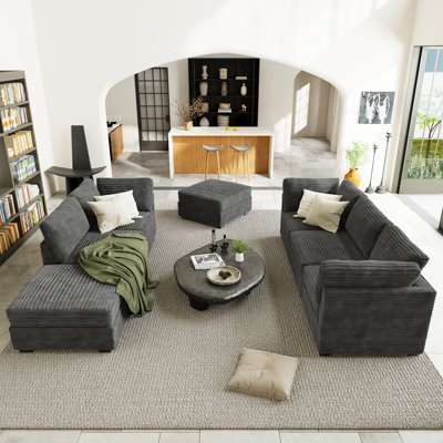 7-Piece Living Room Sofa Set, Modern Plush Corduroy Couch Set With Ottomans, Modular Design For Versatile Seating