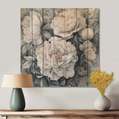 Pivoine monochrome givrée Bloom II - pivoines en bois, décoration murale - sur bois de pin naturel