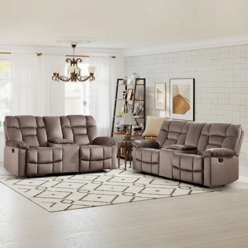 Modern Soft Microfiber Manual Reclining Loveseat Sofa With Center Console & Cup Holders (Set Of 2), Mocha Brown
