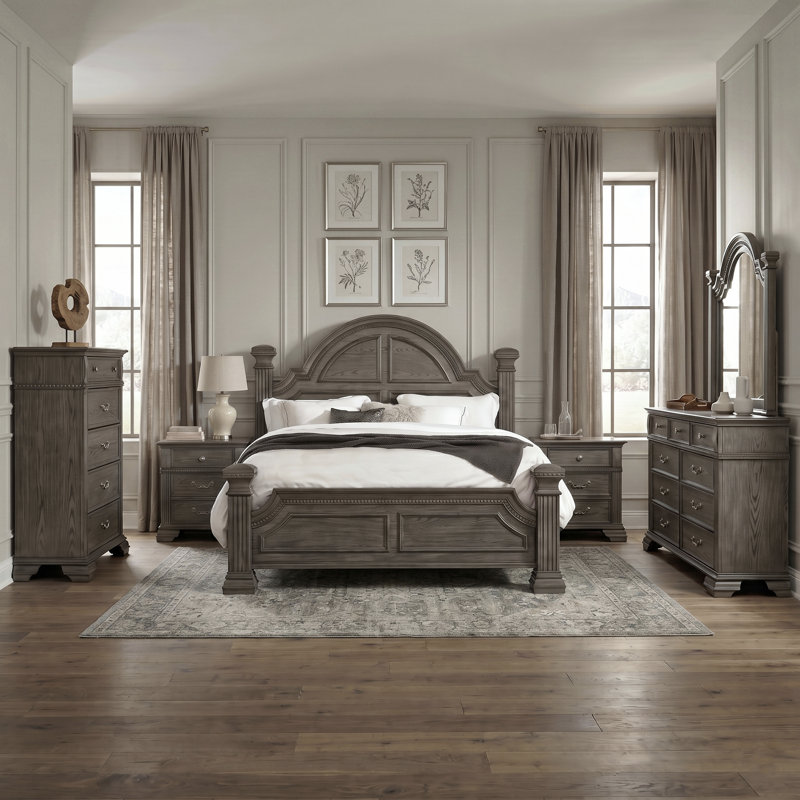 Adames Wood Bedroom Set with Bell-Shaped Headboard, Gray, King, 6 Pcs: Bed, 2 Nightstands, 2 Dressers, Mirror