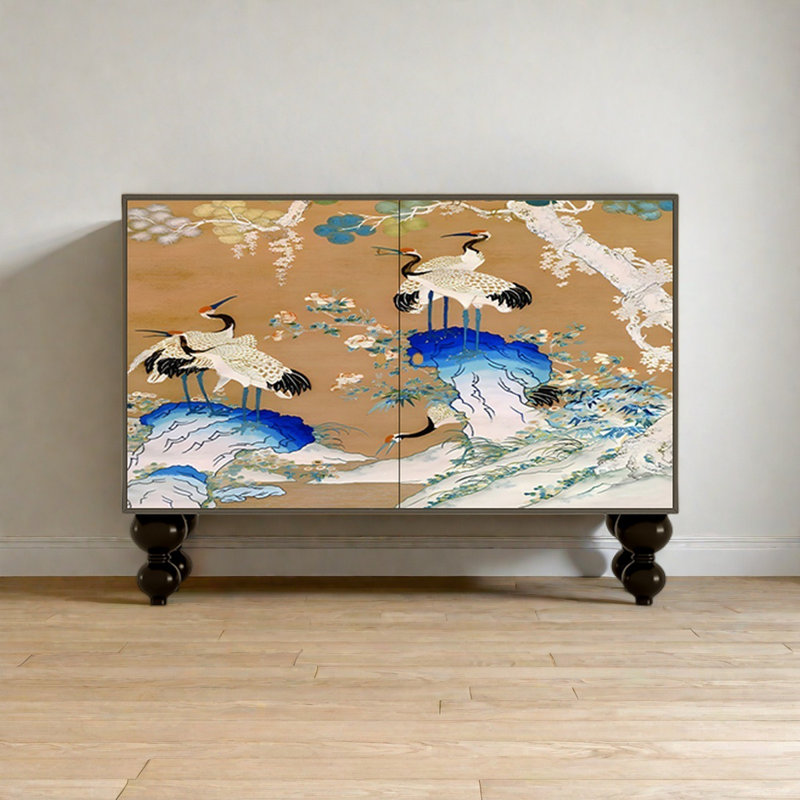 White Crane Landscape Double-Door Storage Cabinet