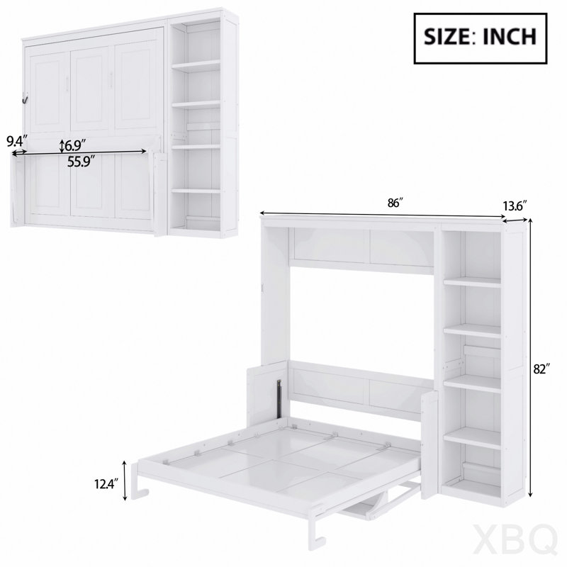 Lit escamotable double avec bureau et bibliothèque, blanc, Full / Double