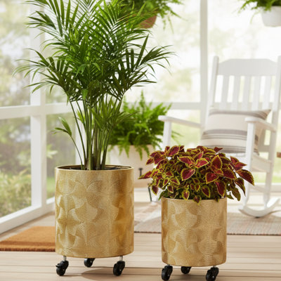 Ensemble de pots à fleurs dorés en métal avec roues et bouchon de vidange, pot d'intérieur pour plantes fraîches ou artificielles