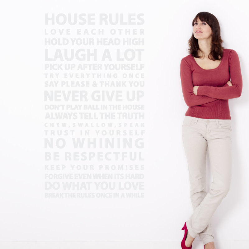 Décalcomanie murale citation "house rules", H 24 po x l 13 po x P 0,01 po, Blanc