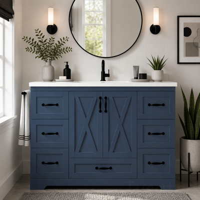 Meuble-lavabo 48 po avec lavabo, armoire autoportante de style campagnard marine avec lavabo en céramique, 6 tiroirs, tablettes de porte intégrées, tablette réglable, barre à serviettes latérale et quincaillerie à fermeture en douceur