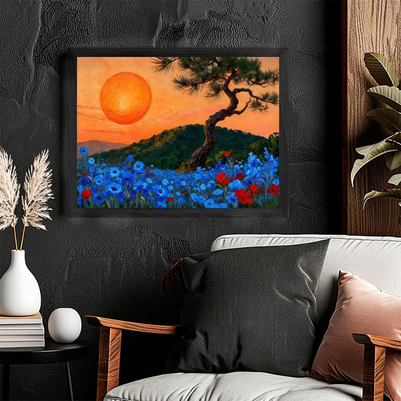 «Moonlit Pine Forest», encadré noir, pleine lune, peinture de champ de fleurs sauvages, art mural paysage nature Moody Mystical