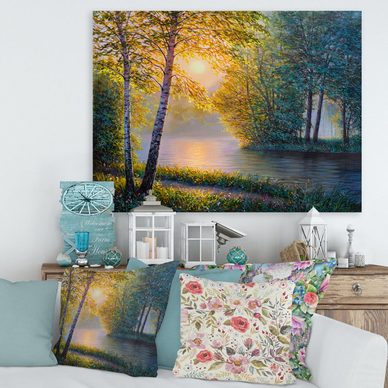 «Morning Summer With Beautiful River Spring Forest», peinture sur toile, Toile tendue, H 24 po x l 32 po x P 1 po