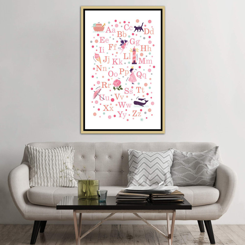 «Pink Girls Alphabet», reproduction d'impression, Toile encadrée d'or, H 60 po x l 40po x P 1,5 po, Pas de tapis