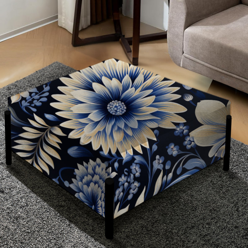 Grand repose-pieds carré bleu et blanc Dahlia