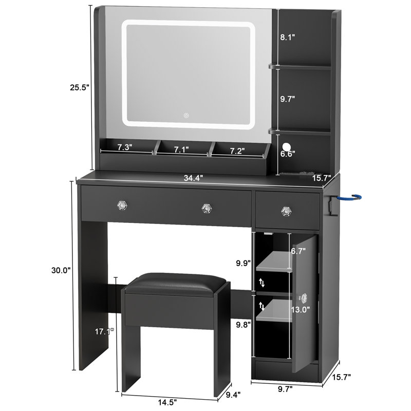 34" W Vanity Desk Set With Led Lighted Mirror & Power Outlet, Makeup Table Top with 3 Open Bookcases, 2 Drawers, Dresser Table for Bedroom, Checkroom