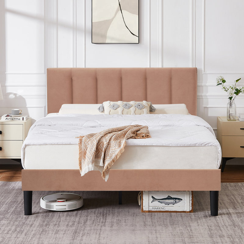 Auxter Upholstered Platform Bed Frame with Vertical Channel Tufted Adjustable Headboard, Velvet Fabric Mattress Foundation with Strong Wooden Slats, Heavy Duty, No Box Spring Needed, Noise-Free