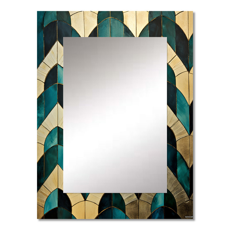 Emerald And Golden Arches II - Abstract Shapes Decorative Wall Mirror, Modern Large Mirror, Printed Metal Art, 32" x 24"