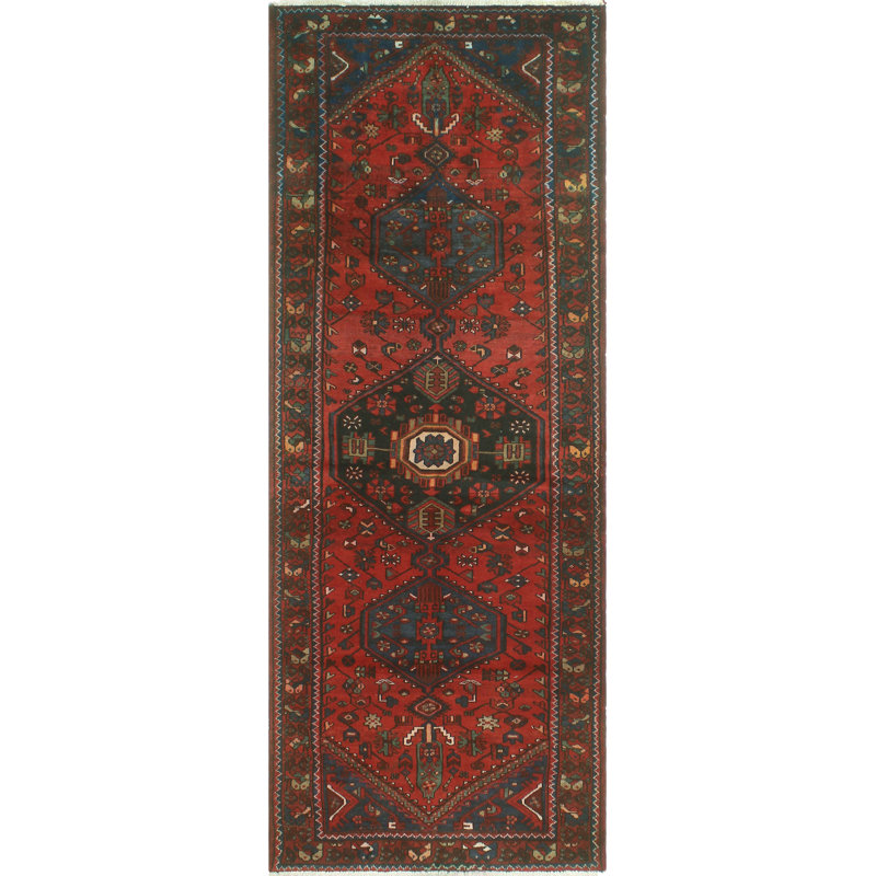 One-of-a-Kind 3'7" x 9'7" 1980s Runner Wool Area Rug in Green and Red