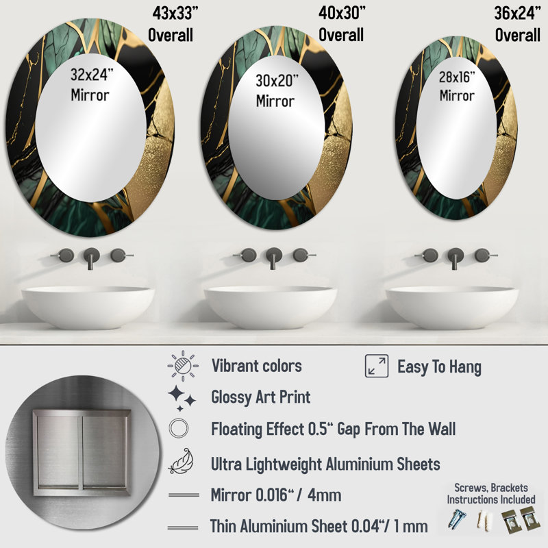 Abstract Geode Green III - Green Modern Oval Wall Mirror, 36" x 24"