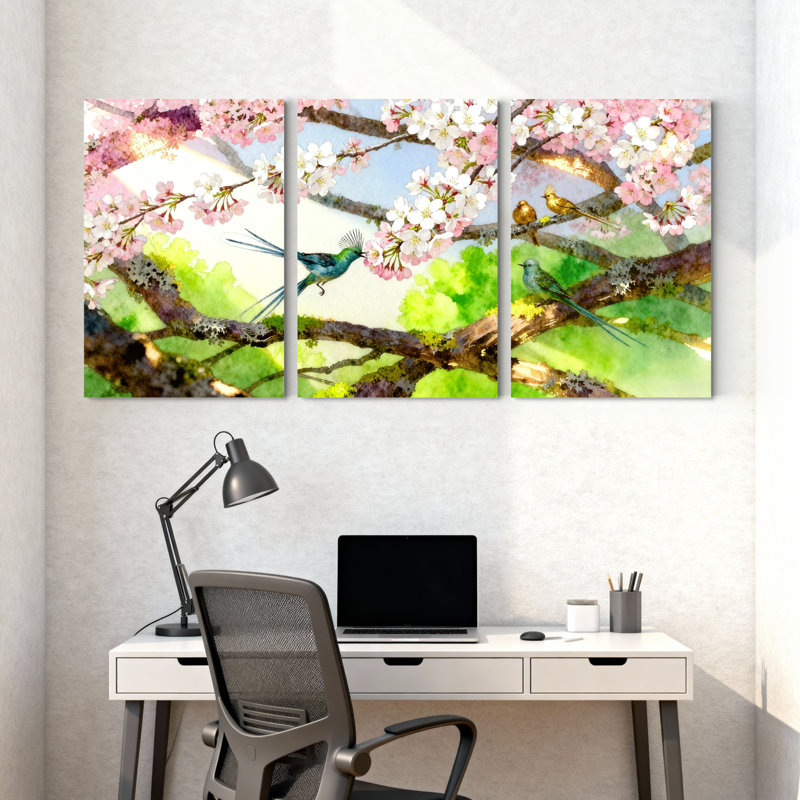 «Birds Cherry Blossom Birds Spring Nature», ensemble de 3 reproductions d'art sur toile, H 30 po x l 60 po